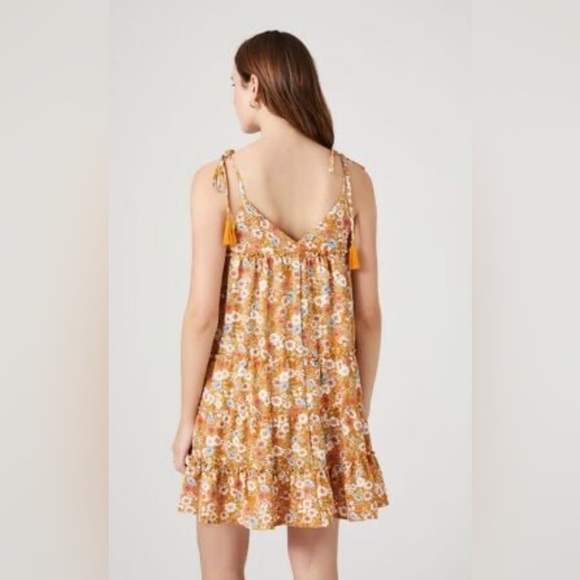 Mustard Yellow Floral Boho Minimalist Spring Summer Fully Lined Dress 
Size XL - Picture 3 of 7